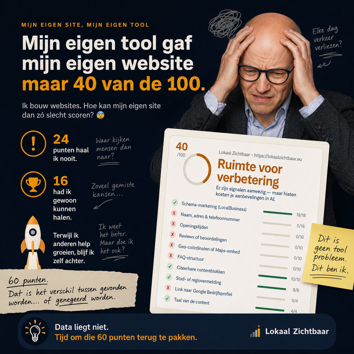 Mijn eigen tool gaf mijn eigen website maar 40 van de 100. 24 punten haal ik nooit, 16 had ik gewoon kunnen halen — 60 punten is het verschil tussen gevonden worden en genegeerd worden.