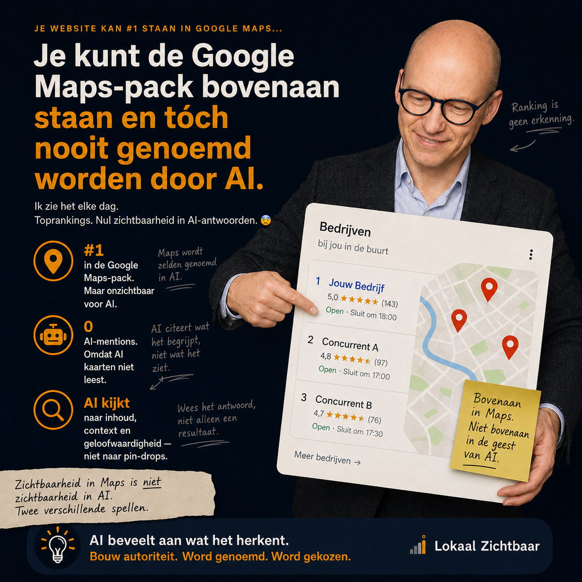 Je kunt de Google Maps-pack bovenaan staan en t&oacute;ch nooit genoemd worden door AI. Zichtbaarheid in Maps is niet hetzelfde als zichtbaarheid in AI &mdash; twee verschillende spellen.